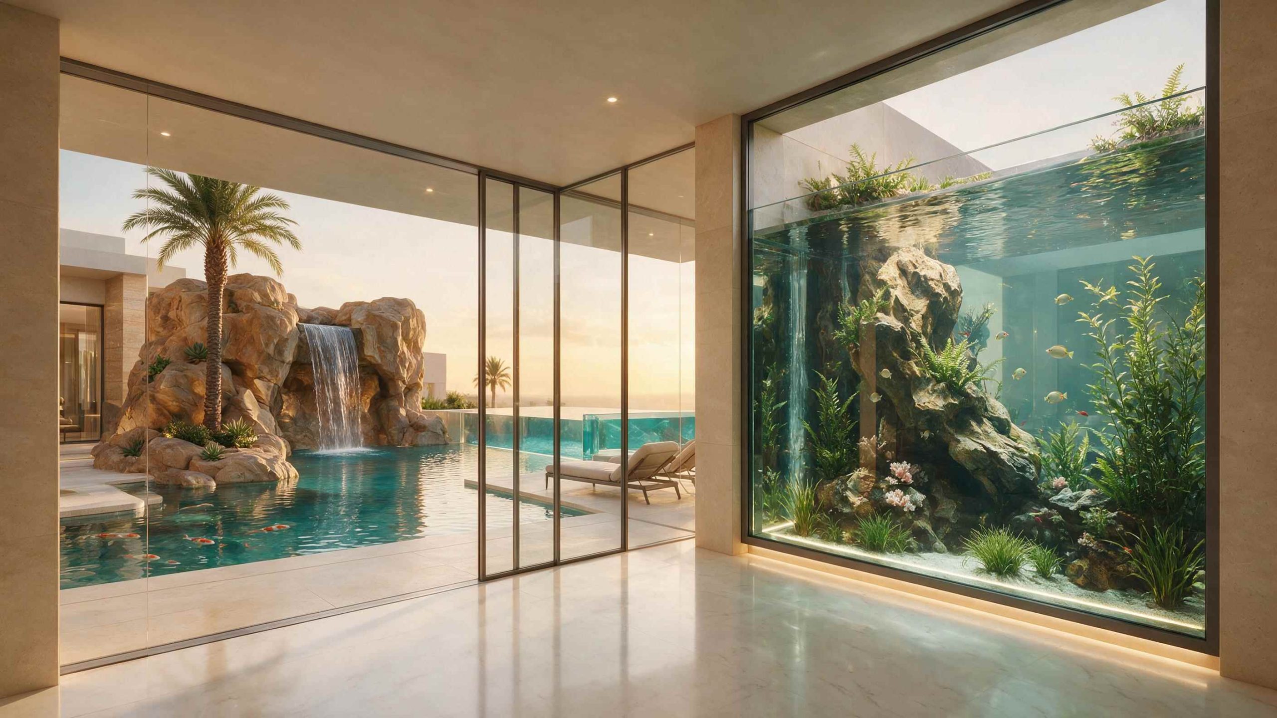 Custom-built aquarium and water feature installation by Water Wonders in Dubai