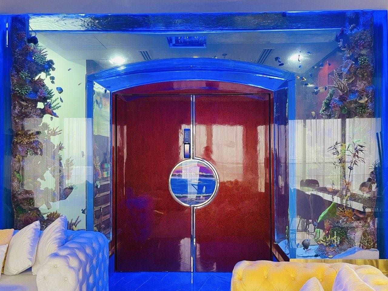Custom Gate Aquarium: A 5-Metre Aquarium Built Around the Entrance 2 Blue-framed custom aquarium with coral decor and integrated lighting around a lounge entrance