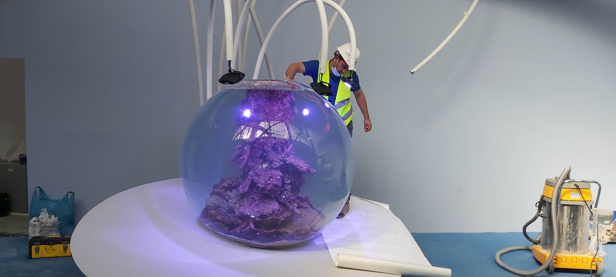 Spherical Live Coral Tank at Expo 2020 Dubai: Engineering a Living Reef for the Terra Pavilion 6 Spherical coral tank on its white plinth during on-site installation at Expo 2020 Dubai