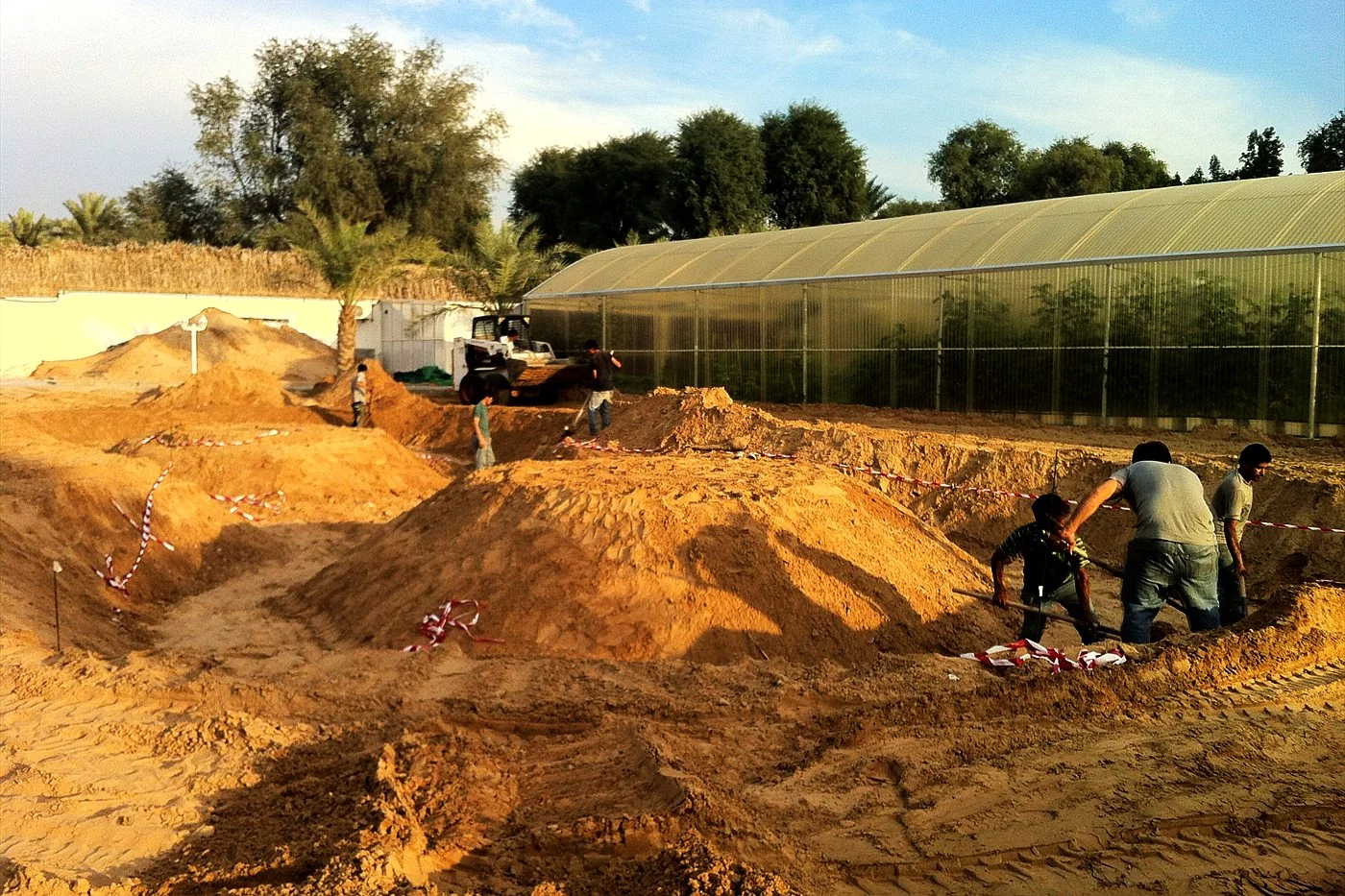 Excavated koi pond site in a UAE garden with a greenhouse behind