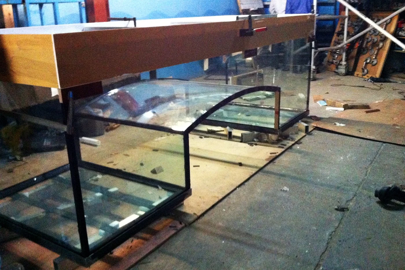 Glass and timber aquarium frame prepared for resealing