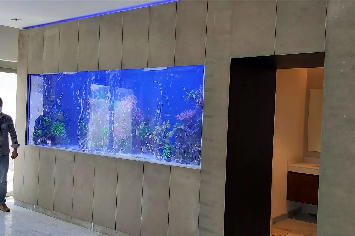 Large built-in aquarium on a feature wall in a villa