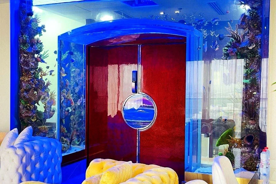 Acrylic vs Glass Aquarium: Which Is Better for a Large Custom Tank? 2 Living room with a large acrylic aquarium around a door