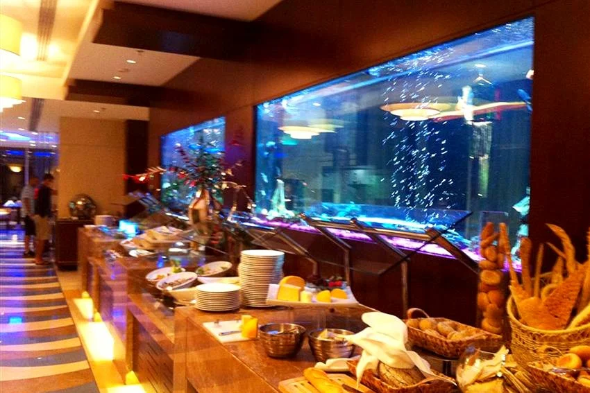 Commercial Aquariums for Hotels, Restaurants and Offices in Dubai 1 Long aquarium beside a hotel buffet