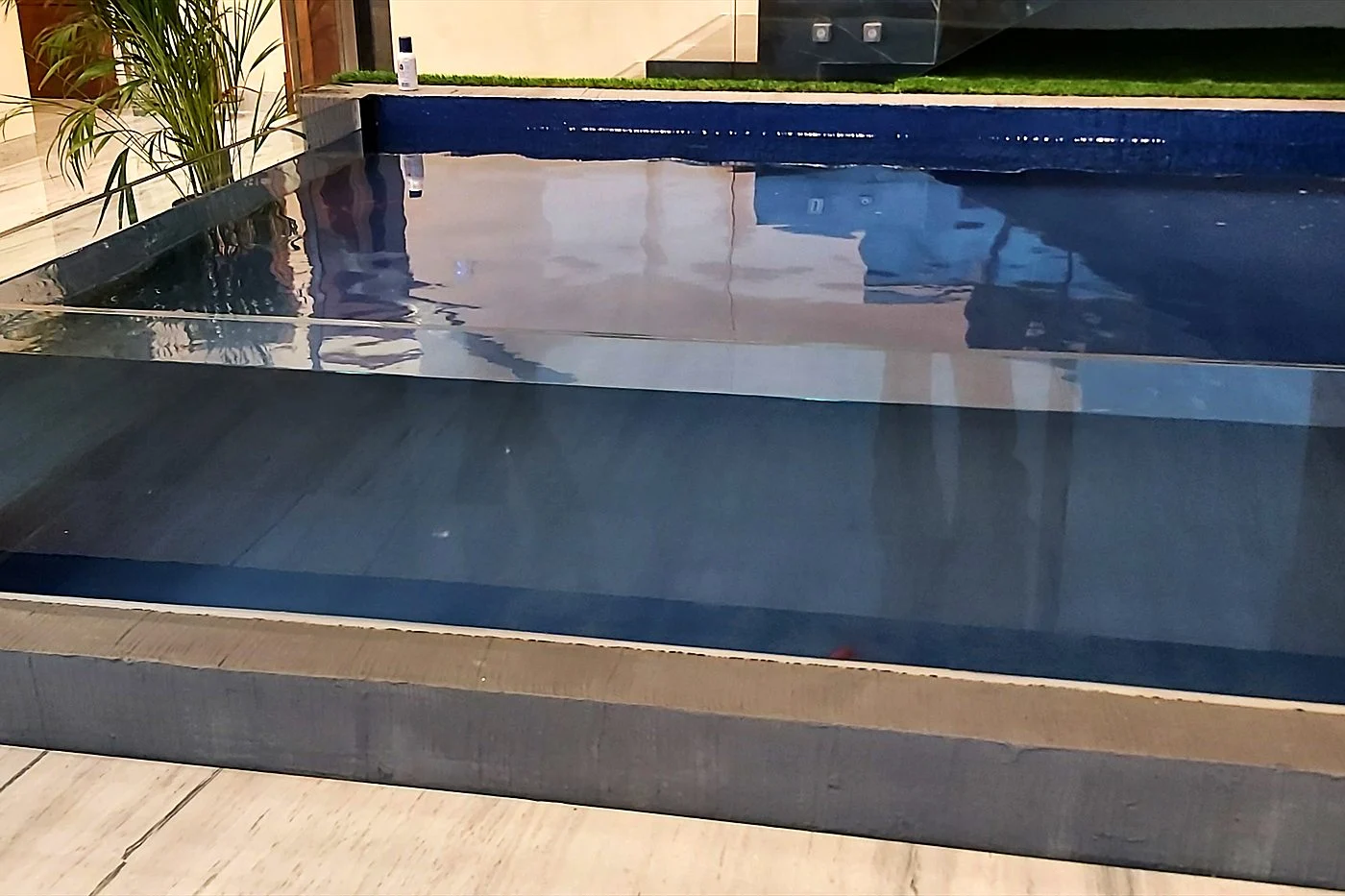 Raised pool with a clear acrylic wall in a modern interior