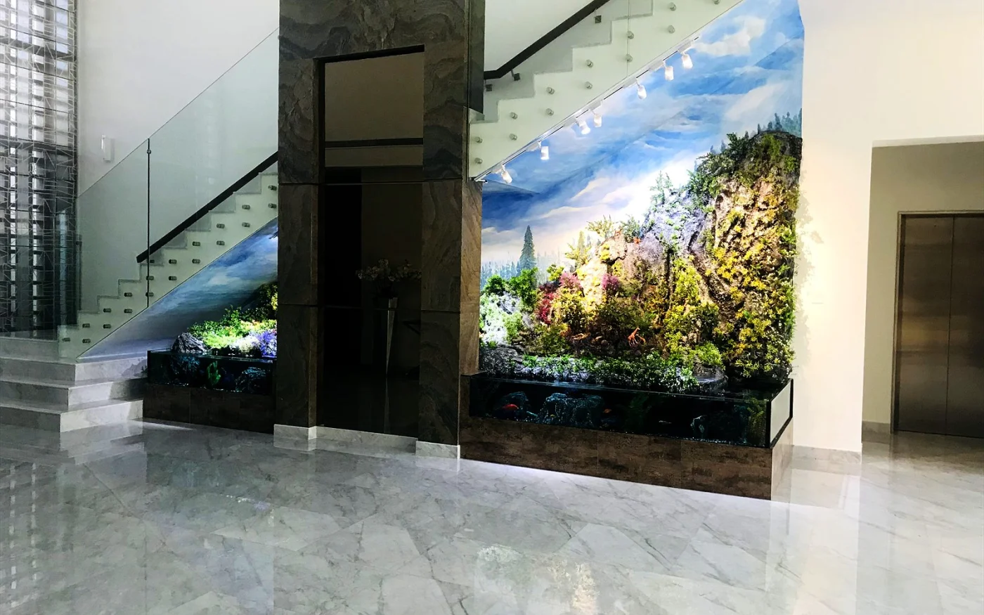 Terrarium diorama beside a villa staircase in Dubai